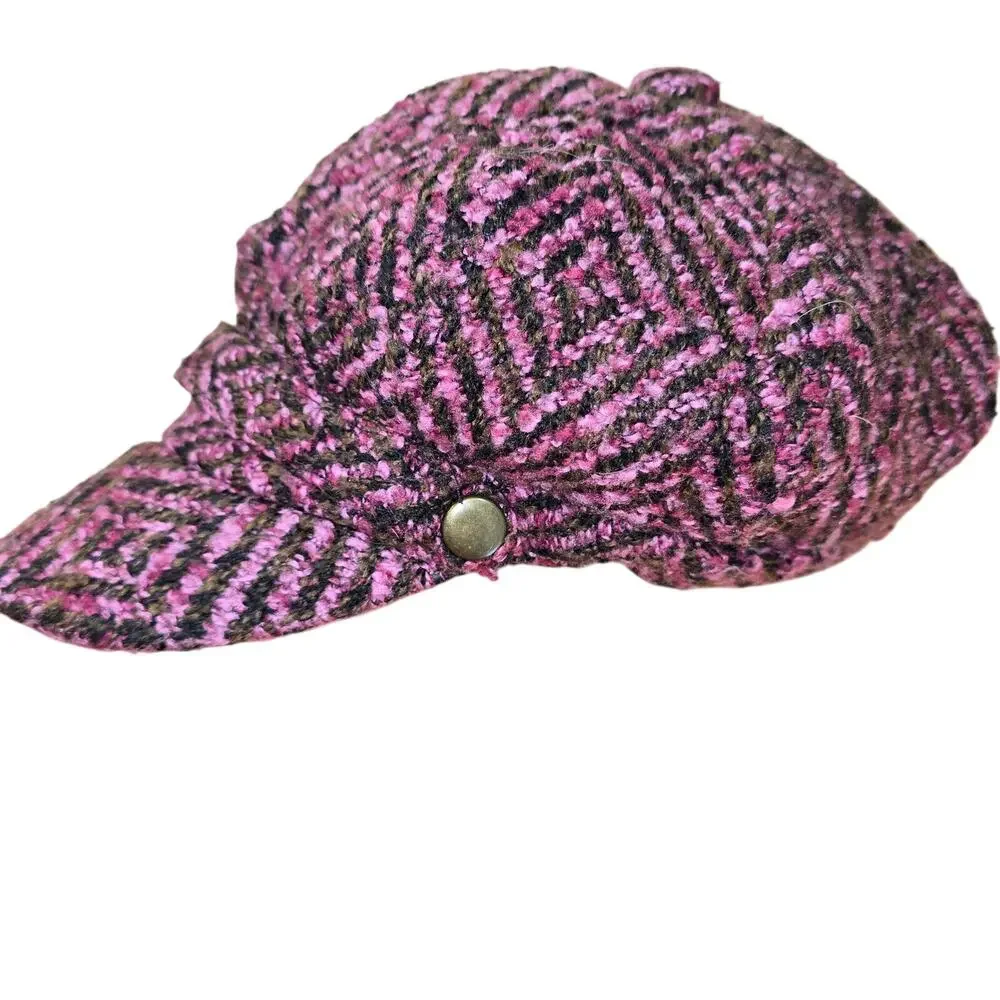 Y2k Newsboy Pink Brown Knit Hat One Size